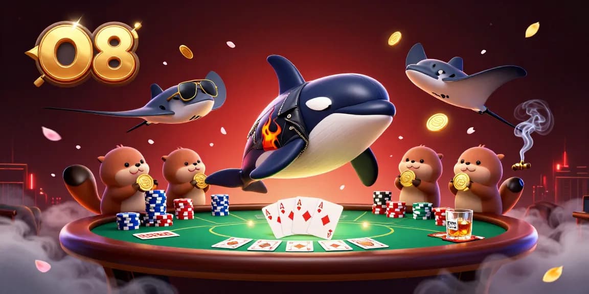 Engaging O8 illustration showcasing an orca whale and sea otters interacting at a vibrant poker table.