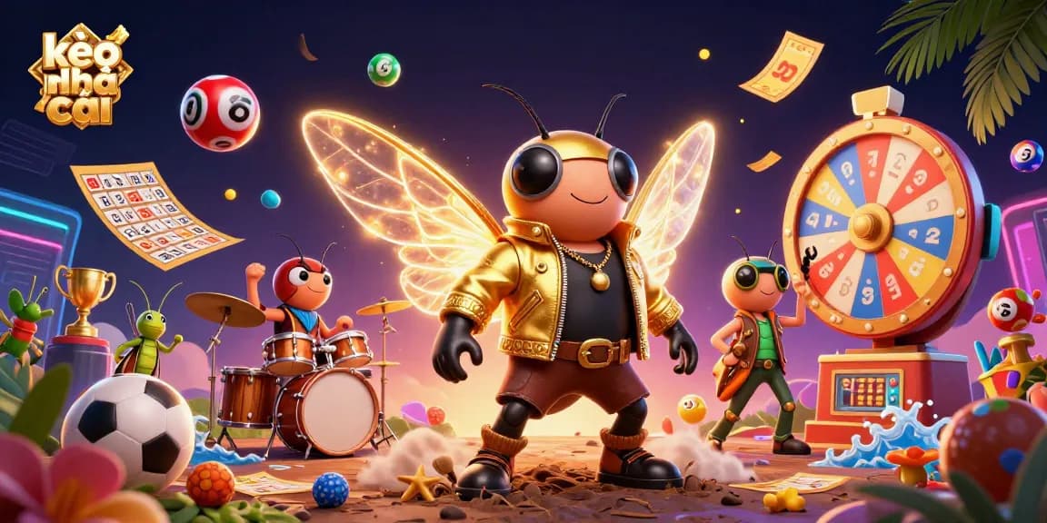 Engage with kèo nhà cái in a vibrant scene featuring a rock star, drummer, and lively lottery elements.