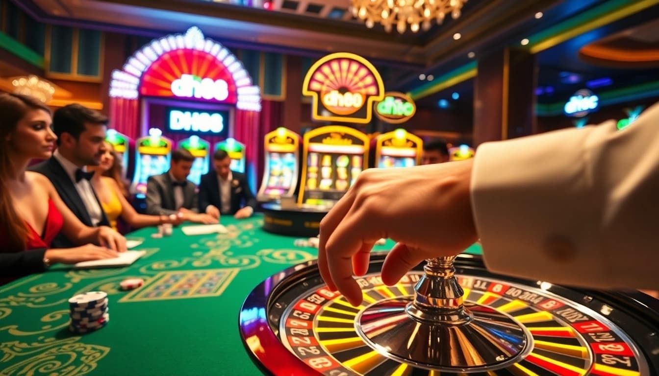 Excited gamblers at a roulette table showcase their skills in a luxurious casino space, spotlighting dh88.