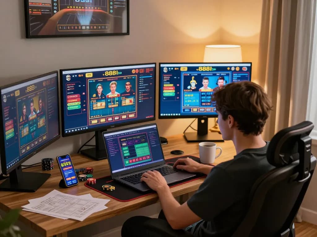 Engaged player using 888b interface on a laptop with gaming strategy notes in a cozy home setting.