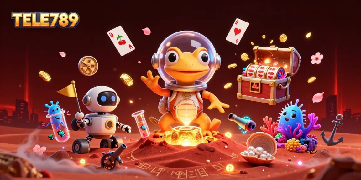 Experience the thrill at TELE789 with vibrant casino elements and a Martian gecko in an exciting discovery scene.