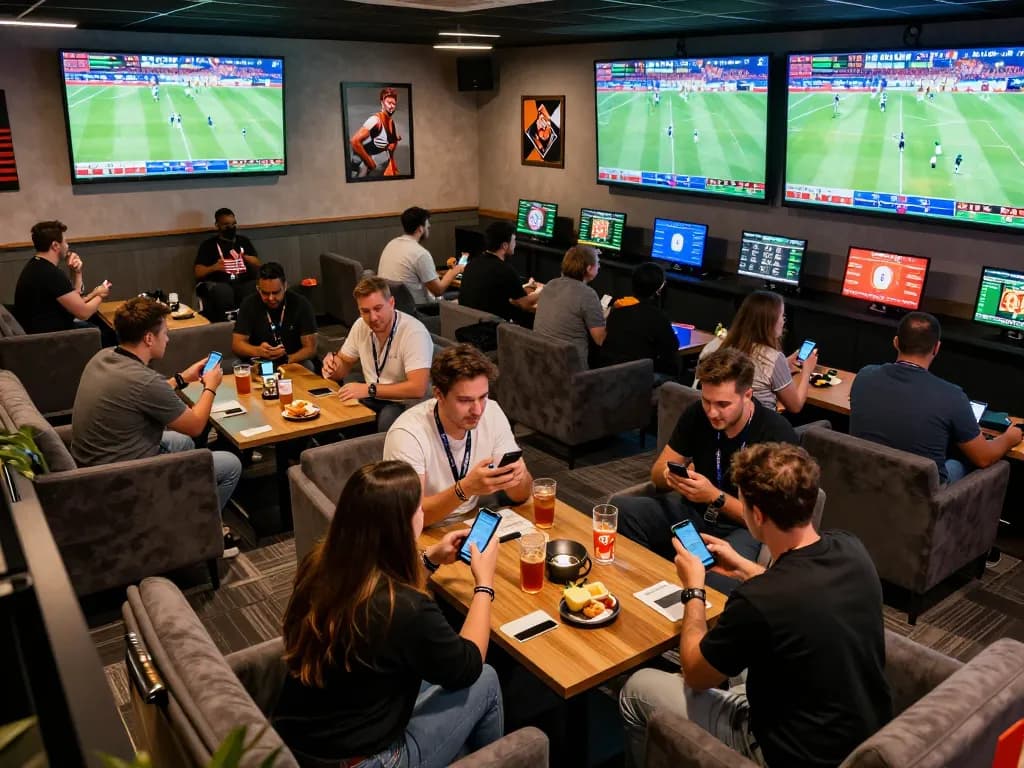 Sbobet bettors analyzing live sports odds in modern lounge setting, capturing excitement.