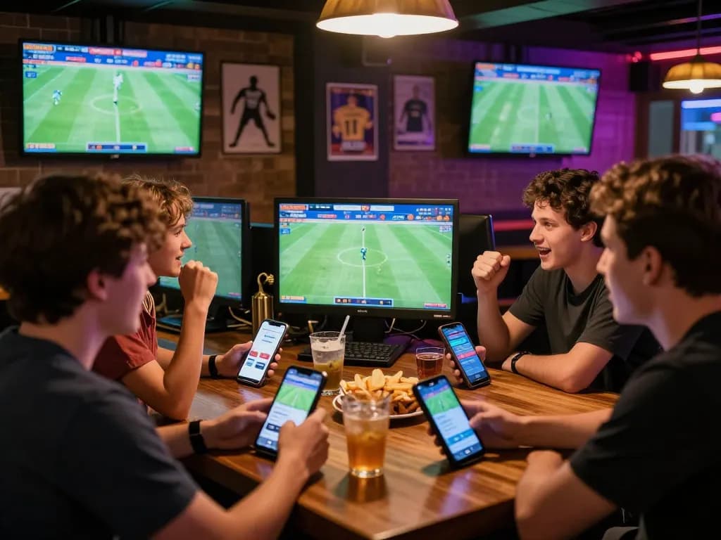 Exciting atmosphere of friends discussing kèo nhà cái at a sports bar with live football games.