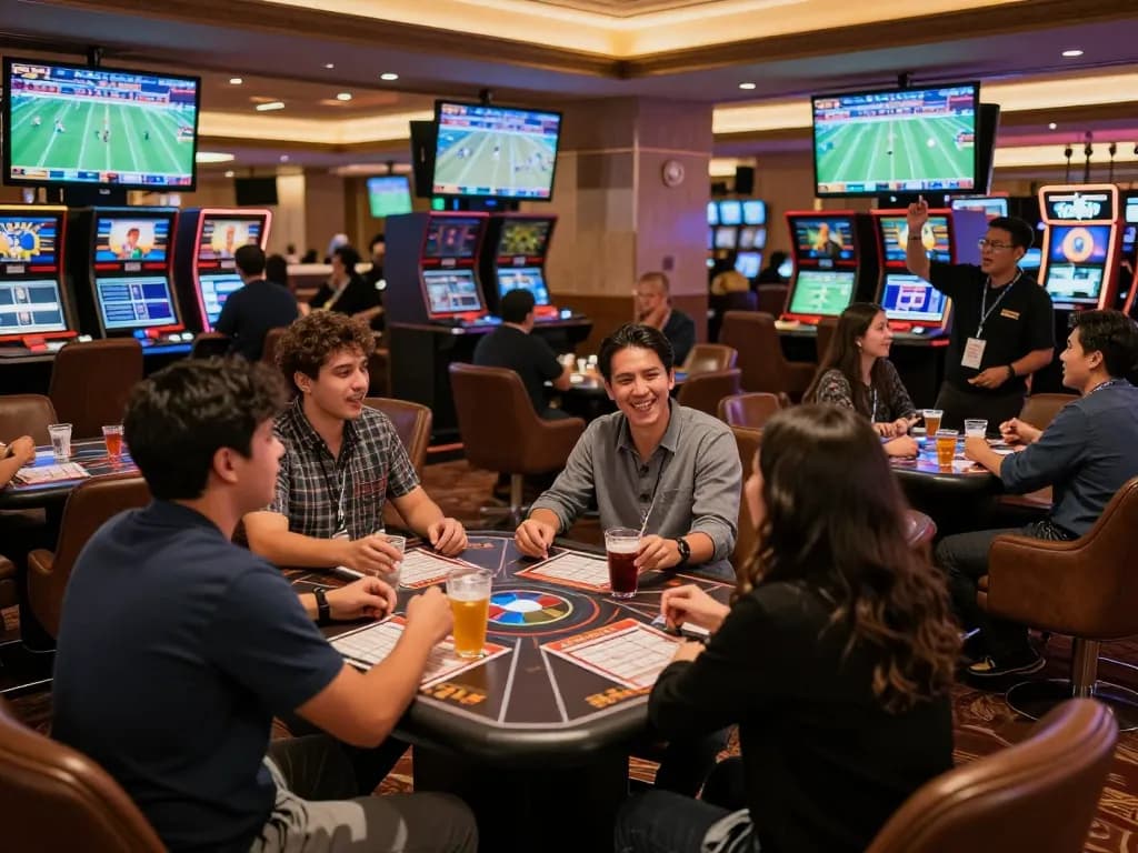 Action-packed sports betting atmosphere with patrons engaged around betting slips in SC88 lounge.