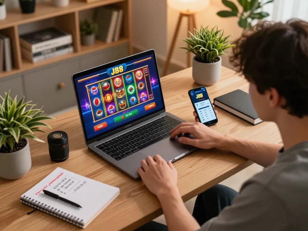 Player engaging in a thrilling J88 online casino game on a laptop, showcasing an exciting gaming atmosphere.
