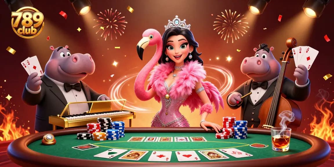 Experience excitement at 789club with a vibrant casino scene featuring a flamingo singer and hippo bassist.