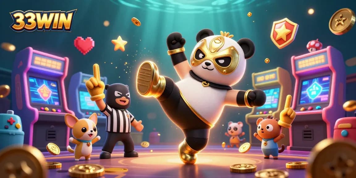33WIN showcases a dynamic casino scene with a wrestling panda kicking, surrounded by game excitement.
