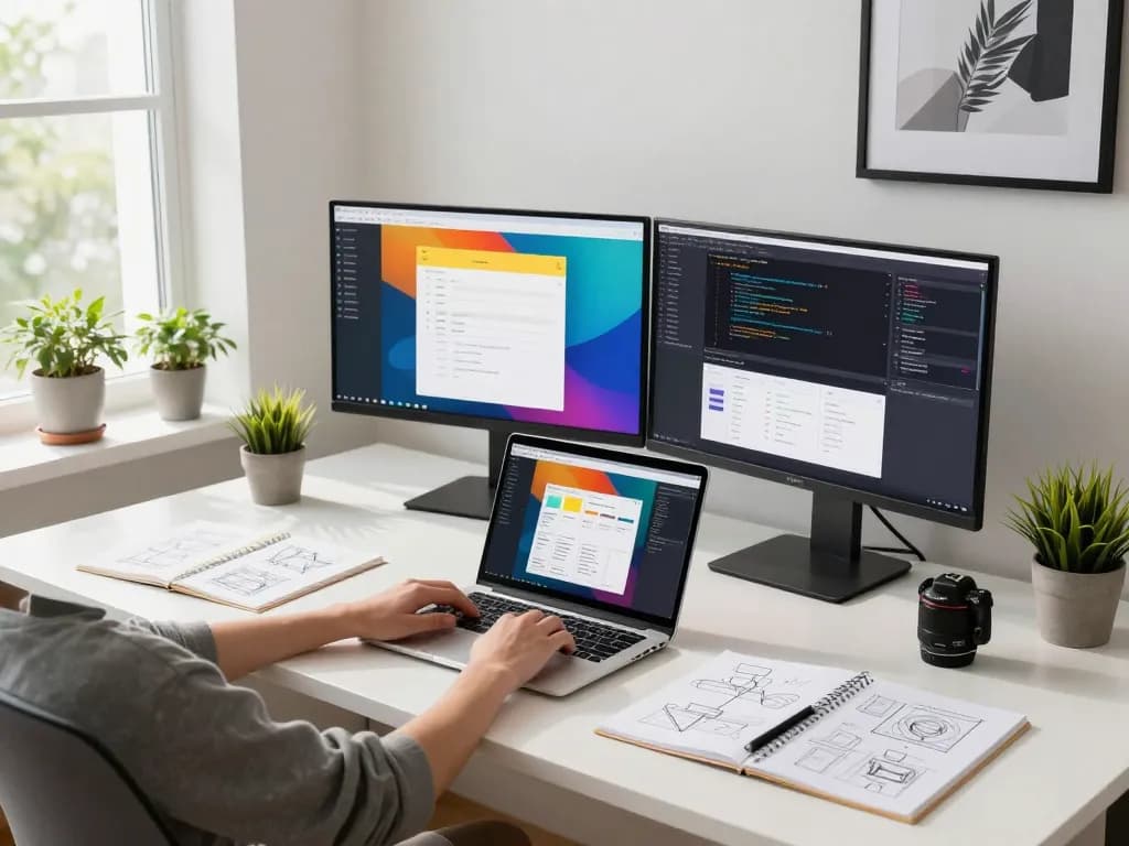Web designer at tr886.org creating vibrant web layouts in a bright workspace.