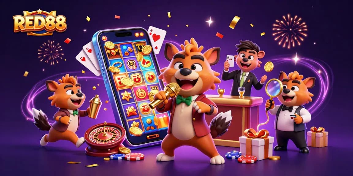 Experience RED88 with hyenas in a lively casino scene featuring games and humor.