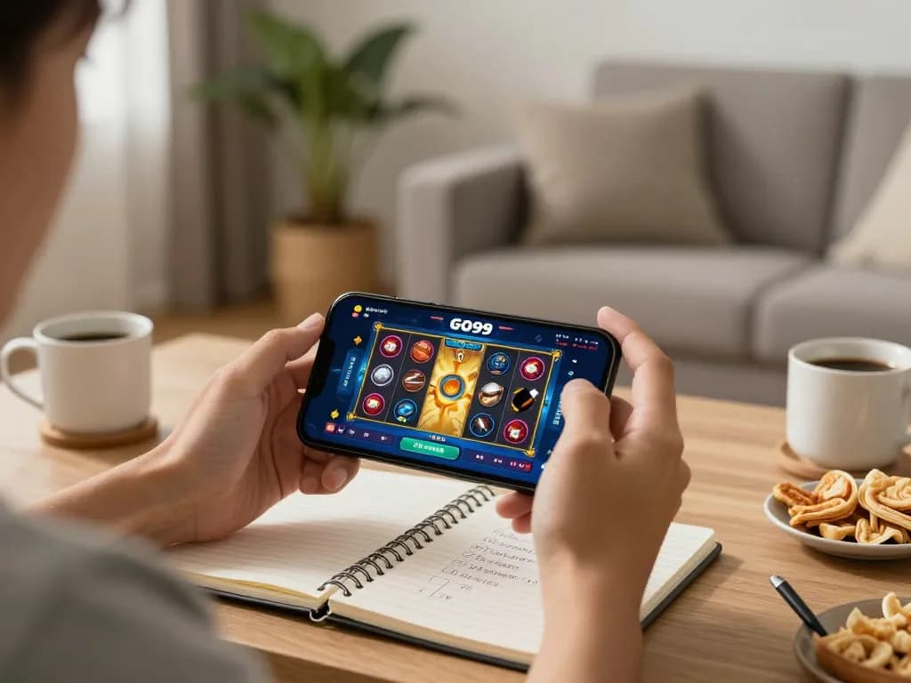 Go99 player enjoying mobile casino slots in a cozy setting, illustrating strategic gaming.