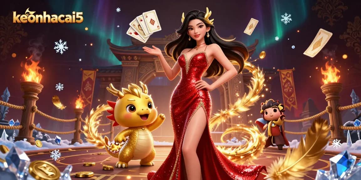 Engage with keonhacai5 featuring a stunning Asian woman, golden dragon mascot, and dynamic casino elements.