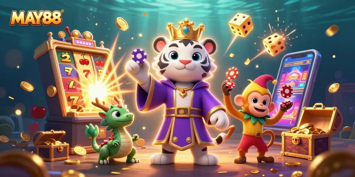 MAY88 enhances your gaming experience with a vibrant 3D casino scene showcasing excitement and lively gameplay.
