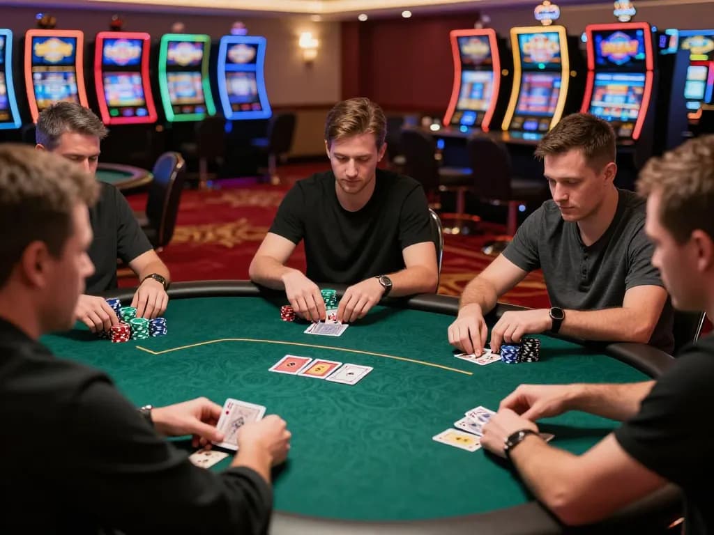 O8net3 players strategizing at a high-stakes poker table in an elegant casino.