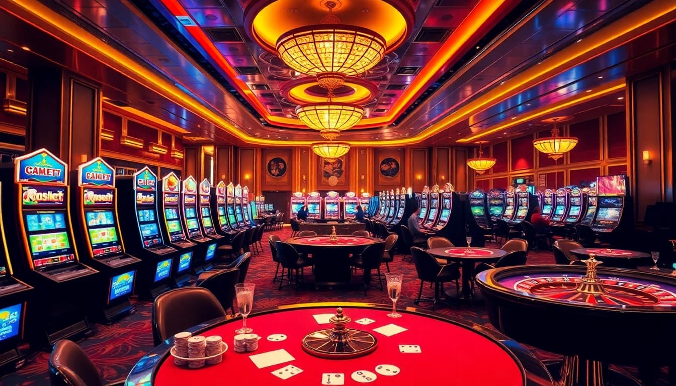 Experience the excitement of twin68.com with players enjoying poker, slots, and roulette in a vibrant casino setting.