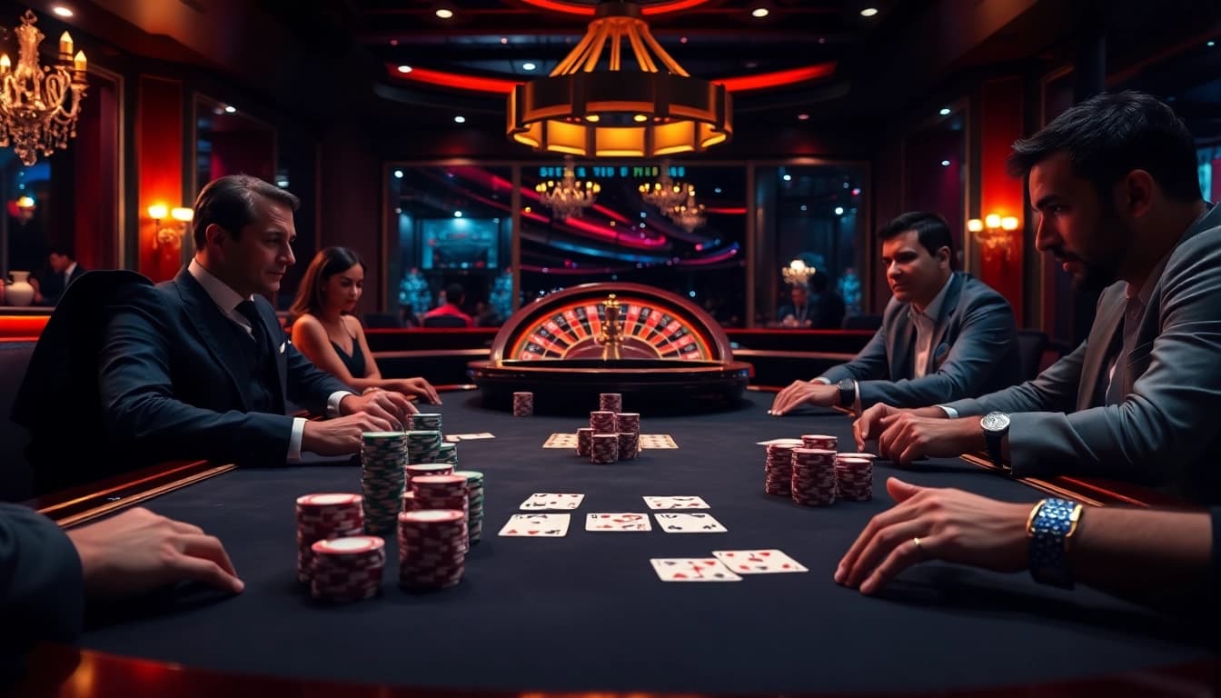 Intense poker game at a luxurious casino highlighting kjc rr88 platforms.