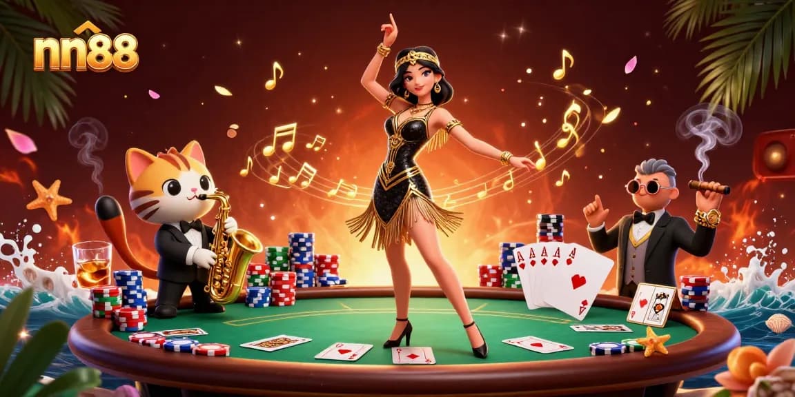 Engage with the vibrant nn88 casino atmosphere, featuring a glamorous woman and playful saxophone cat.