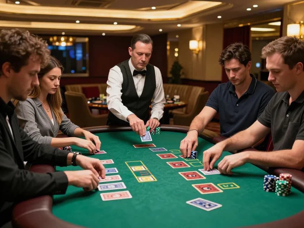 FLY88 players strategizing in an exciting blackjack game, luxury casino setting, cards and chips in action.