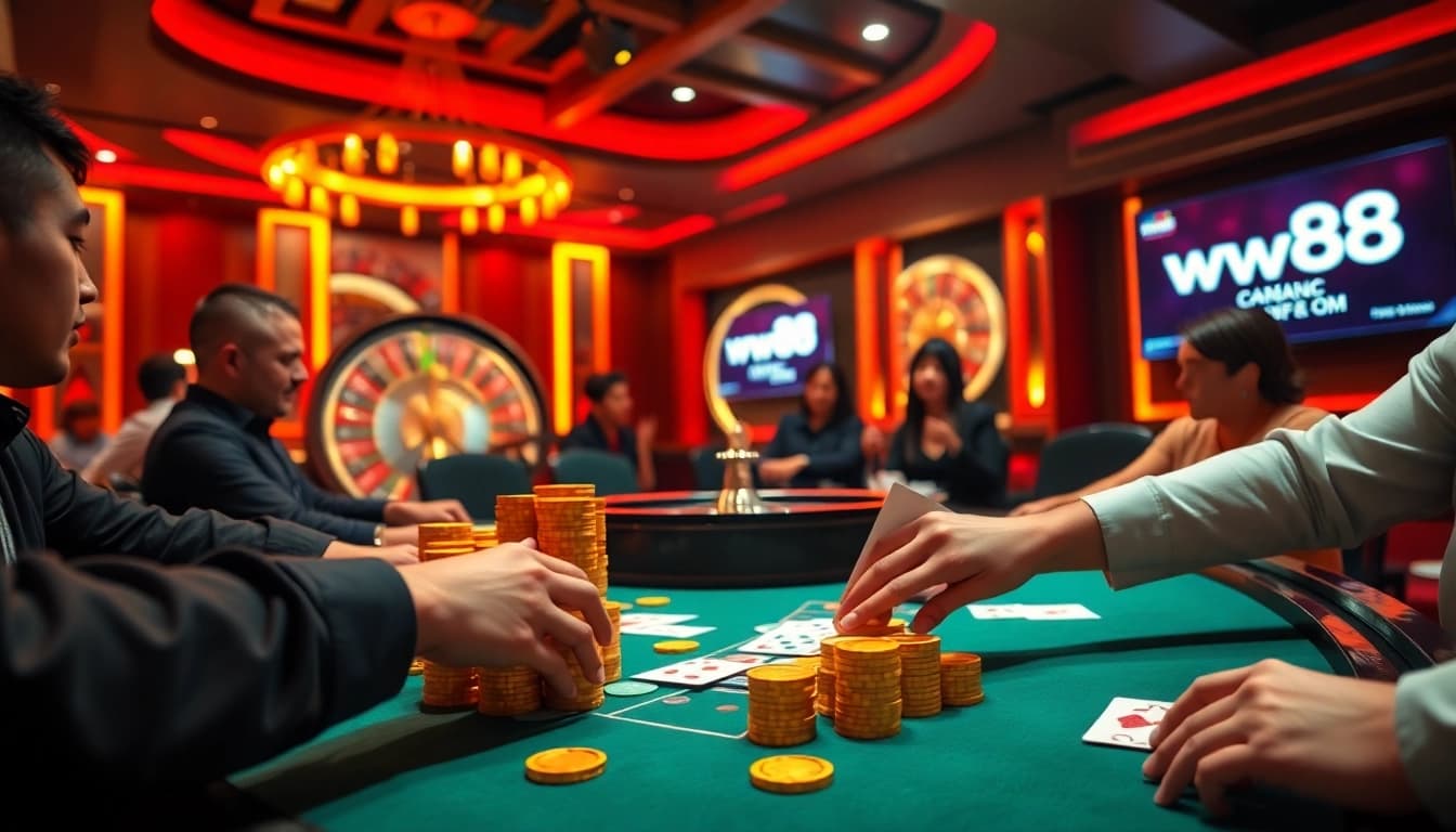 Experience excitement at WW88 casino with players at a poker table and stacked chips.