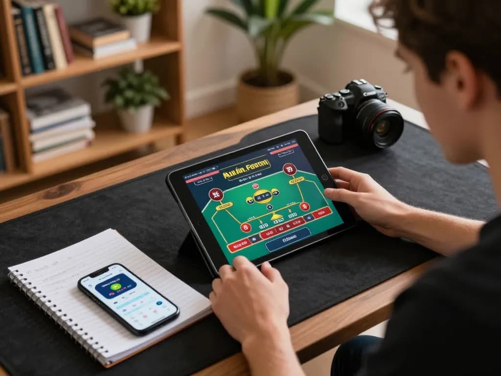 Kuwin player engrossed in live dealer casino game, strategizing with notes and mobile app