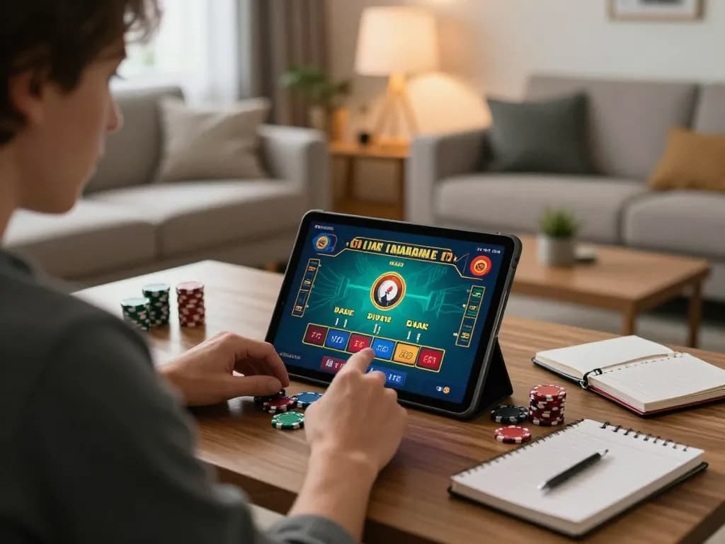Engaged player at https://92slot.net/ enjoying live dealer gaming on a tablet in modern home.