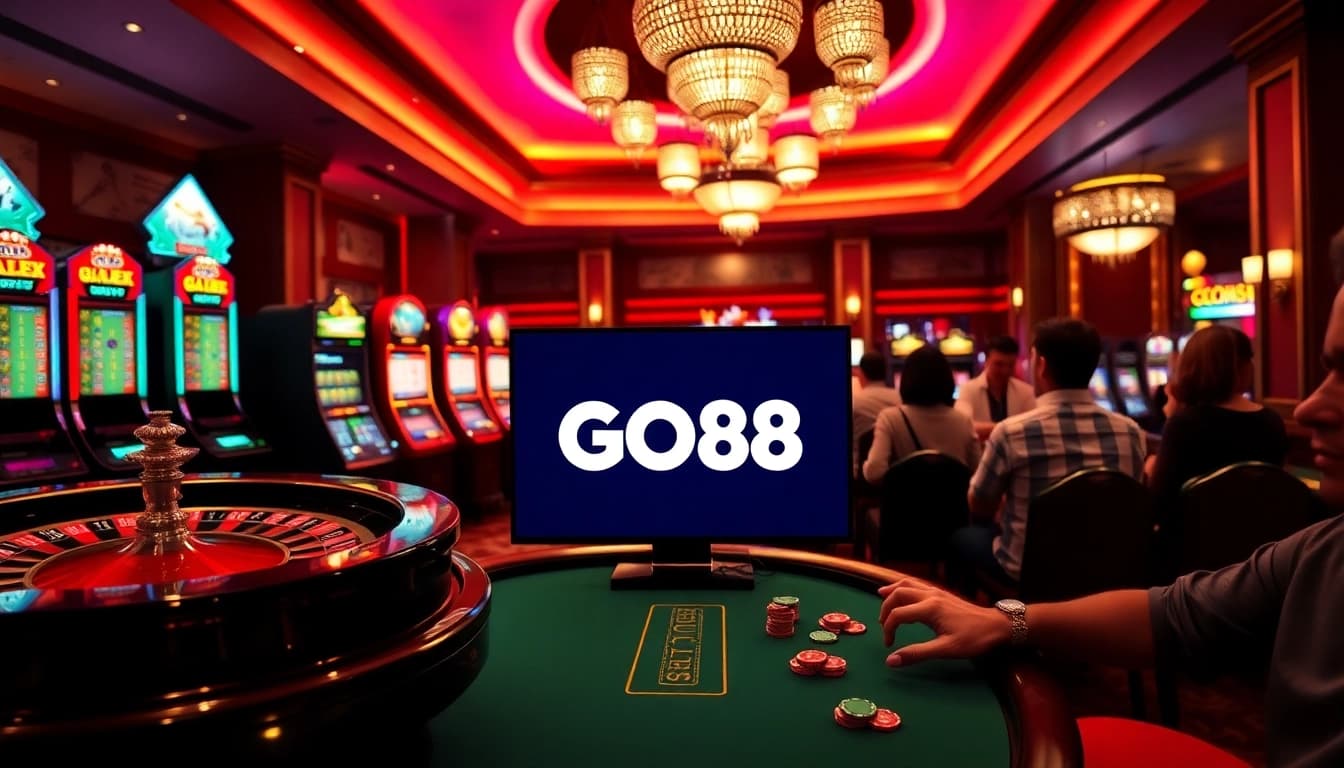 Players enjoying high-stakes games at a luxurious GO88 casino with vibrant slot machines.