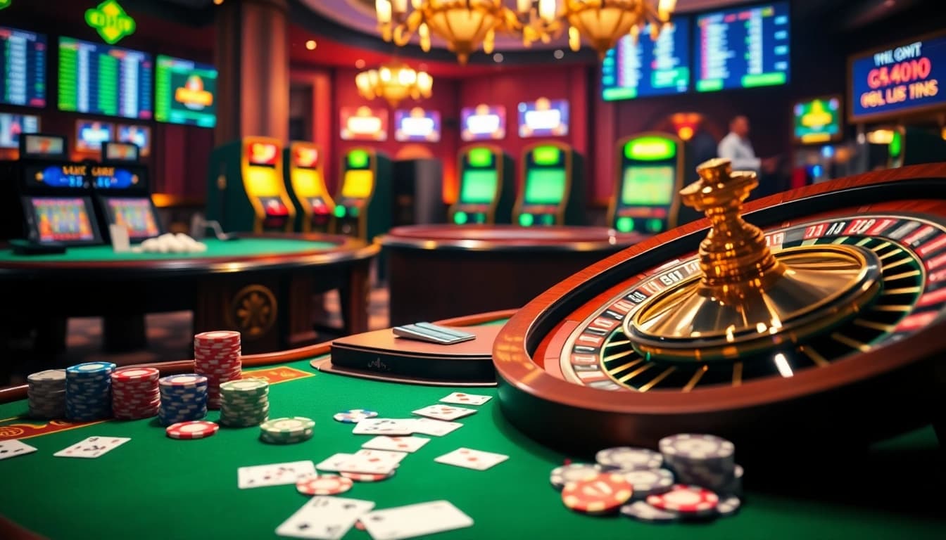 Experience the excitement of online gambling at 28BET with colorful poker chips and vibrant casino tables.