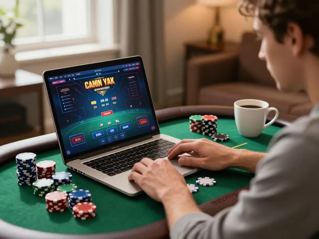 Player engaging in online poker game on laptop, enhancing skills with 79kingt1 gaming strategy.