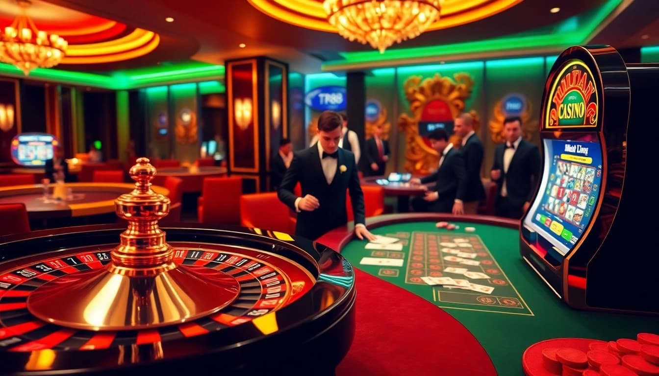 Players enjoying tr88 games at a vibrant casino scene with roulette and blackjack tables.