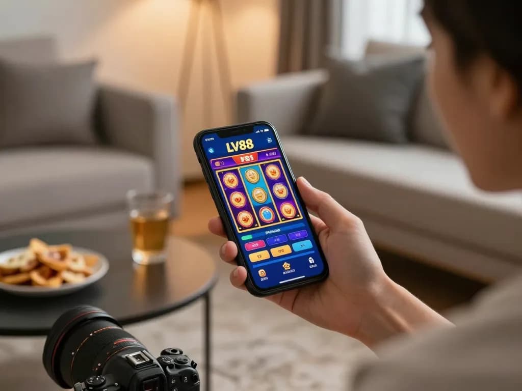 Mobile gaming experience with LV88 casino app displayed on smartphone in cozy home setting.