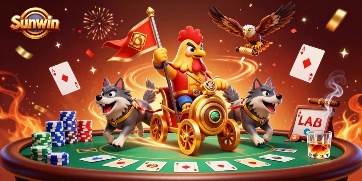 Sunwin features an epic gambling scene with a rooster warlord, poker chips, and festive elements.