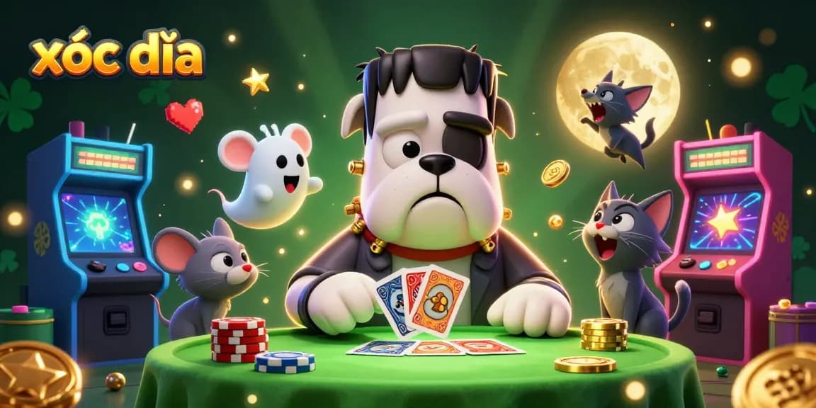 Engage in exciting xóc đĩa gameplay with a vibrant 3D cartoon scene featuring dynamic characters and rich casino elements.
