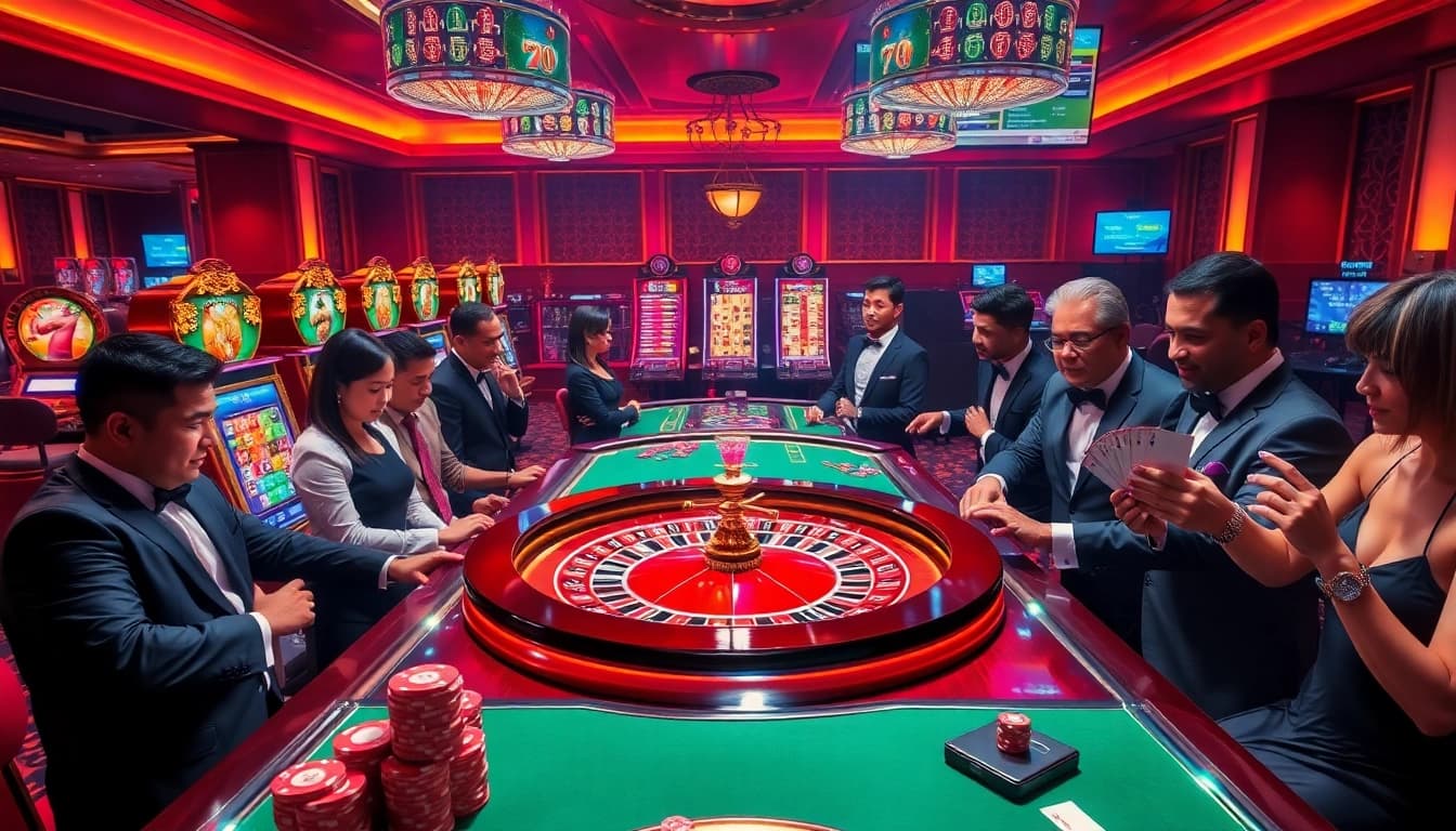 Experience the thrill of 88bet with a luxurious casino scene featuring poker games and vibrant slot machines.