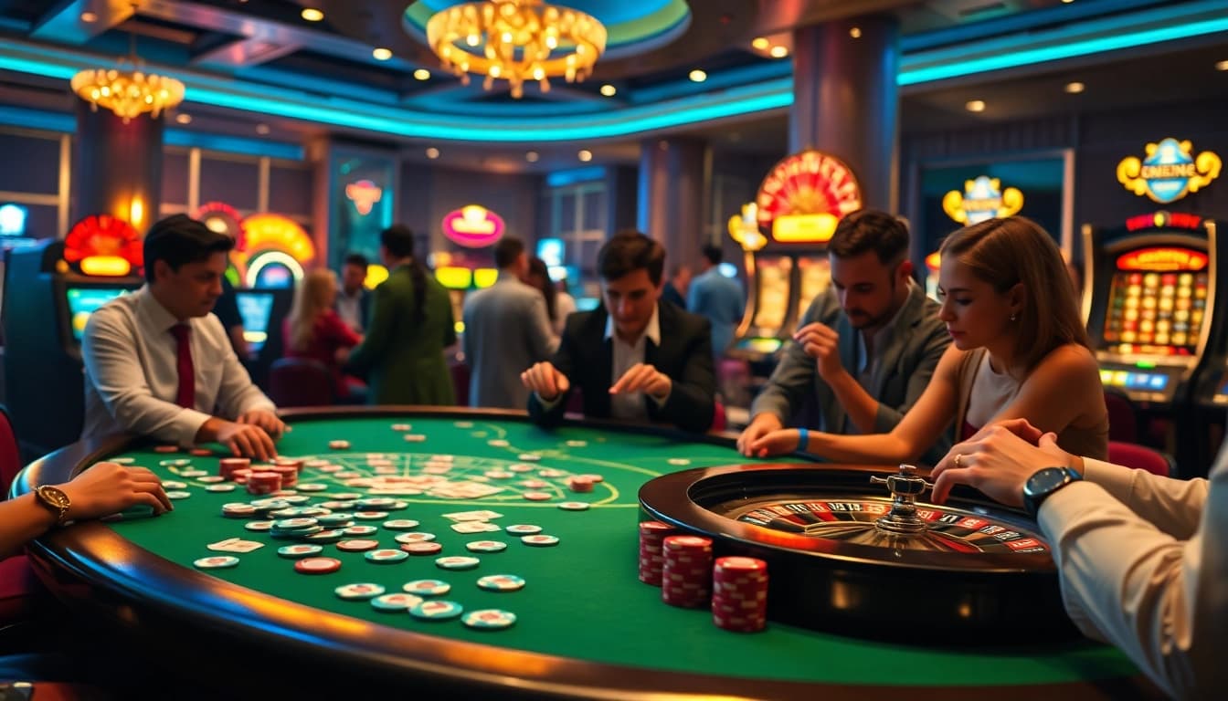 Exciting casino scene featuring LC88 branding with poker chips, cards, and roulette table.