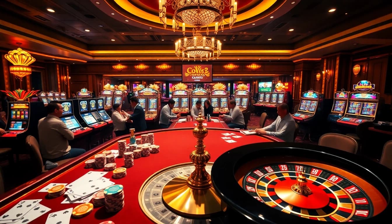 A dynamic casino scene with vibrant kèo nhà cái betting elements depicting poker chips, elegant cards, and roulette wheels.