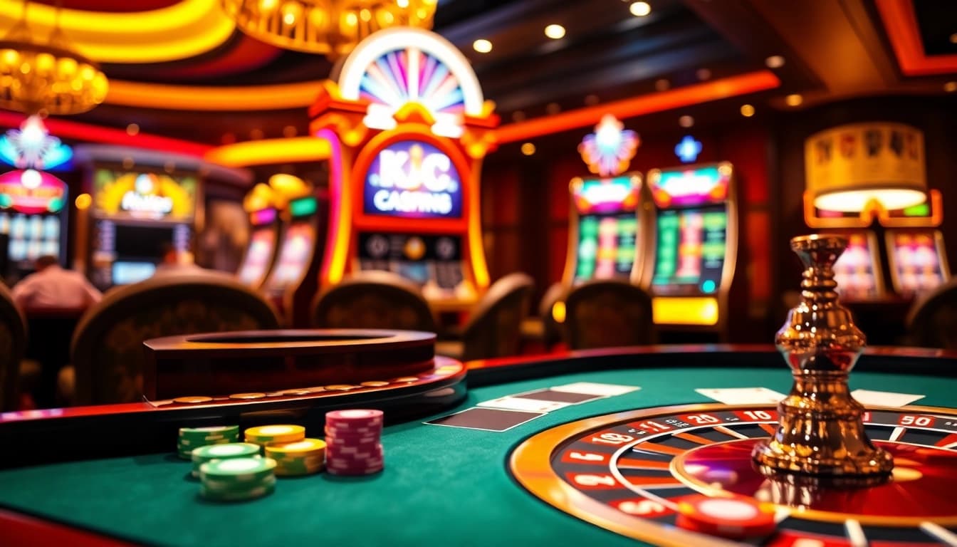 KJC gaming table with vibrant chips and cards in a luxurious casino setting.