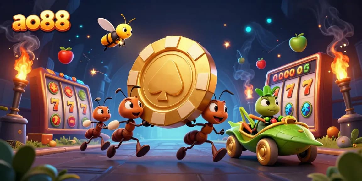Experience the thrilling ao88 heist with cartoon ants, golden poker chip, and dynamic slot elements