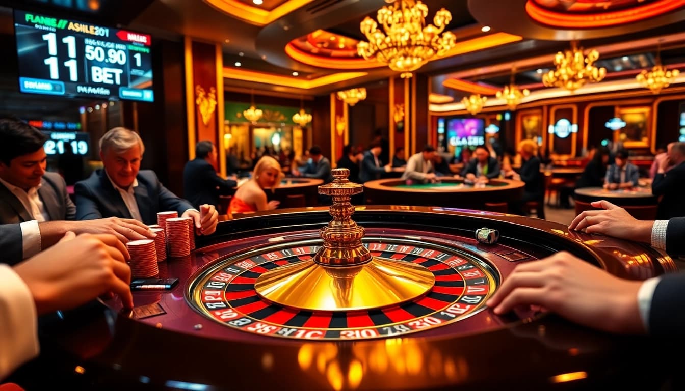 Gambling excitement with 11 BET displayed at a lavish roulette table amidst vibrant casino decor.