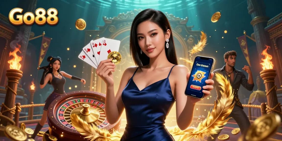 Experience the excitement of Go88 casino with a glamorous Asian woman showcasing the app and casino chip.