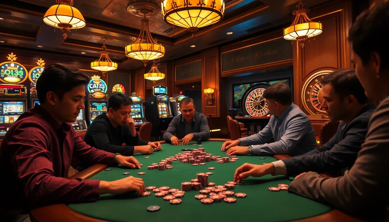 Players enjoying high-stakes poker at a vibrant casino table, featuring chotruyen visuals fueling excitement.