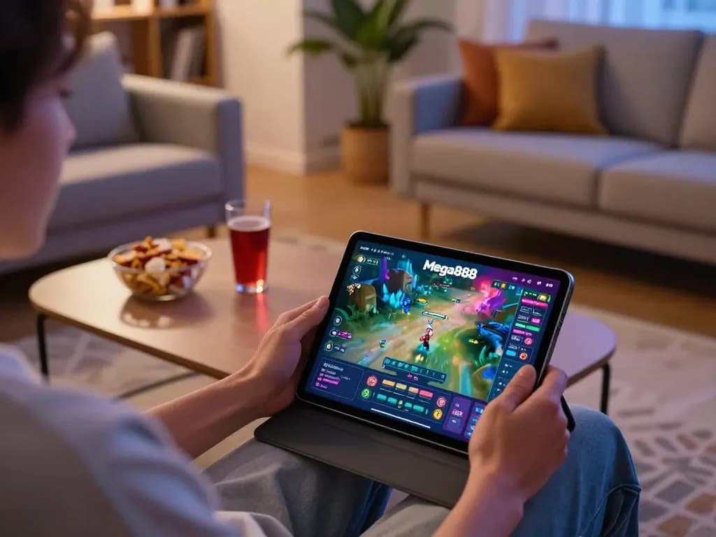 Engaging with mega888 app on tablet during cozy home gaming session, snacks and drinks nearby.