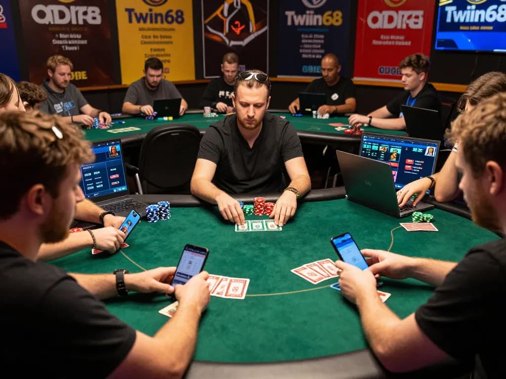 Engaging players at twiin68's online poker table during a virtual game session, emphasizing strategy and interaction.