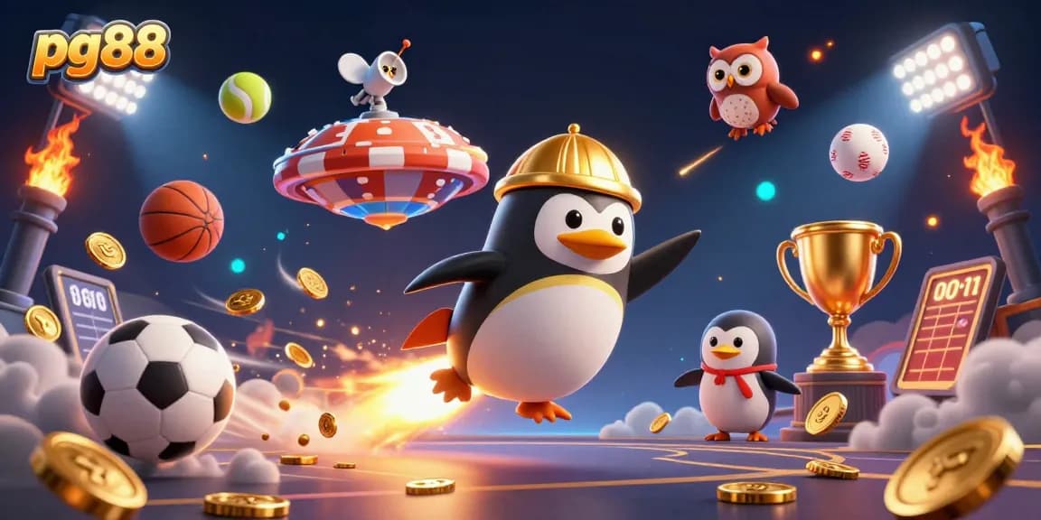 Experience the excitement of pg88 with a dynamic casino scene featuring a golden penguin and sports elements.