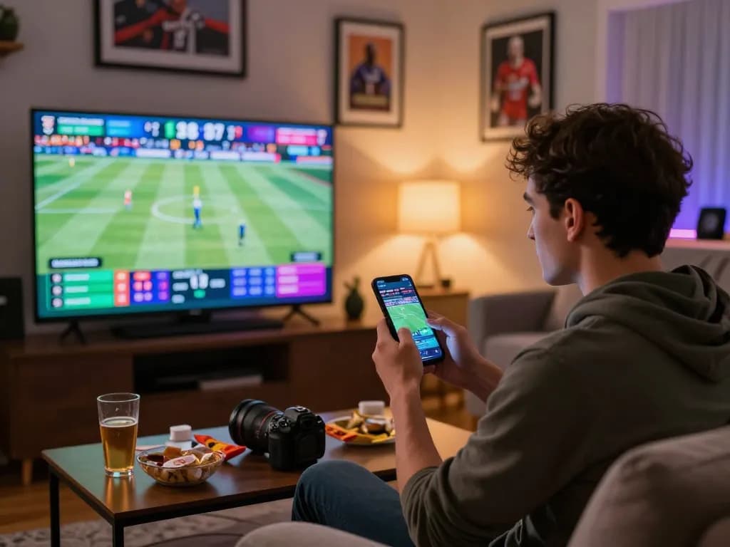 Excited person engaging in keonhacai sports betting while watching live games at home.