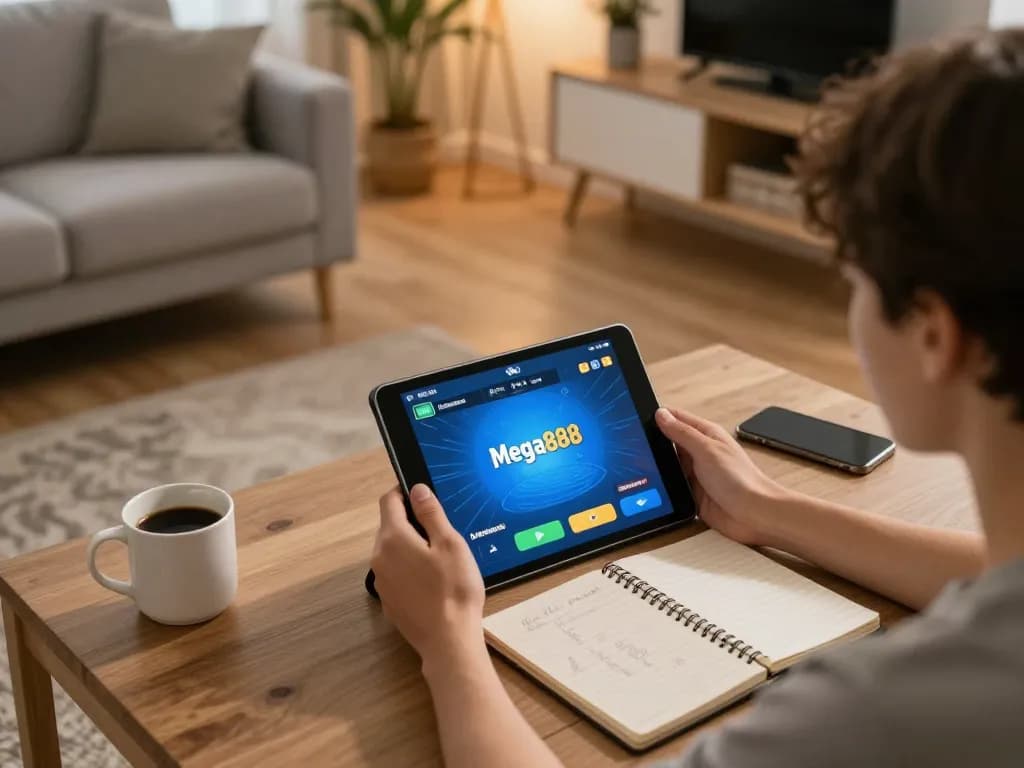 Mega888 original download ios shown on a tablet for engaging mobile gaming in a cozy living room.