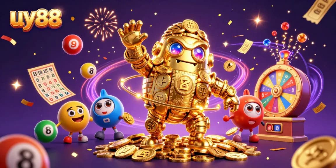 Experience the excitement of uy88 with vibrant lottery balls and dynamic games in this engaging casino illustration.