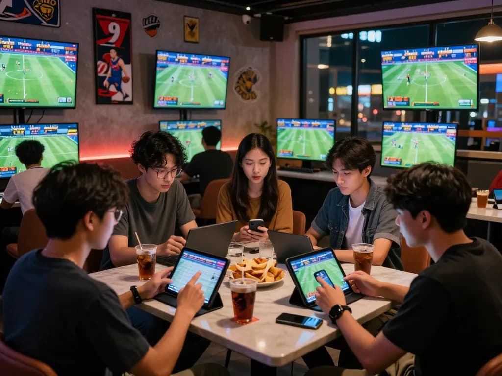 Group enjoying sports betting at vaobong1gom.cn.com in a vibrant lounge atmosphere.