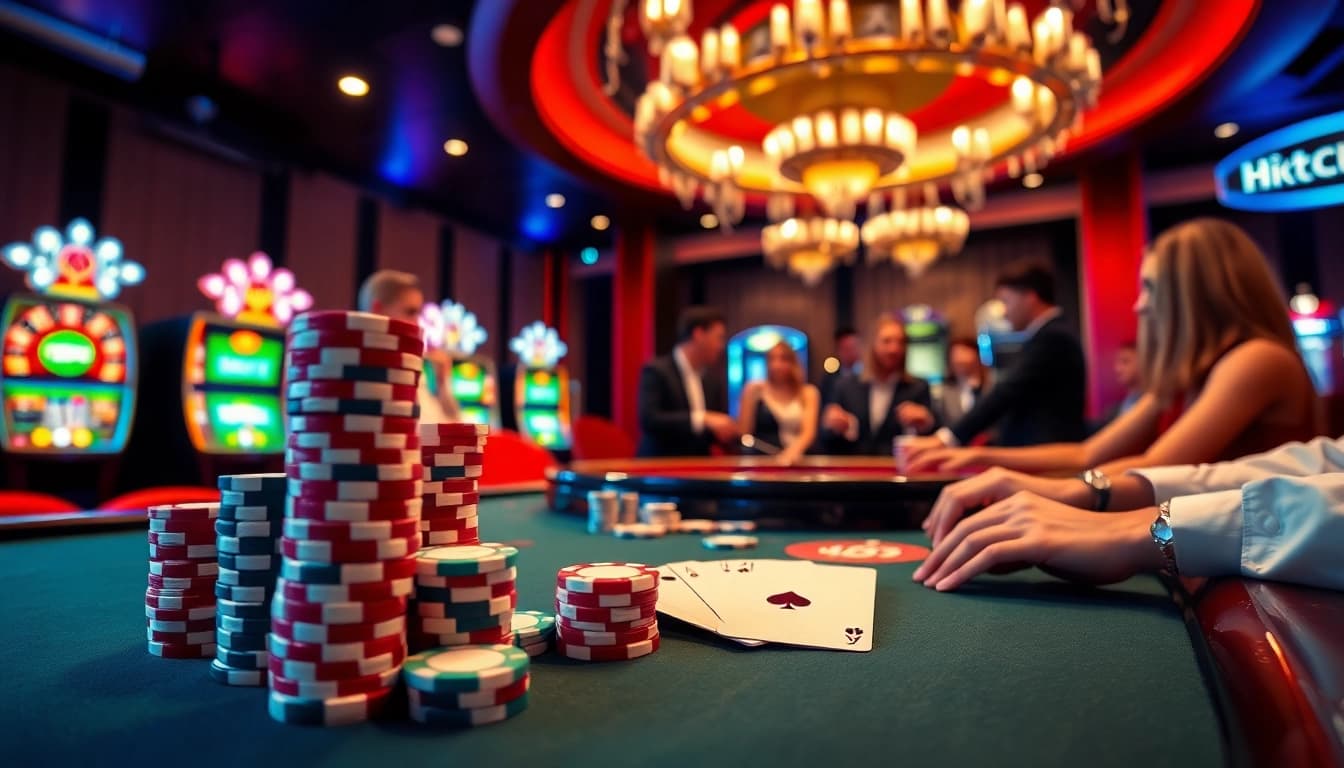 Hitclub players celebrating a poker win at a vibrant casino table with colorful chips.