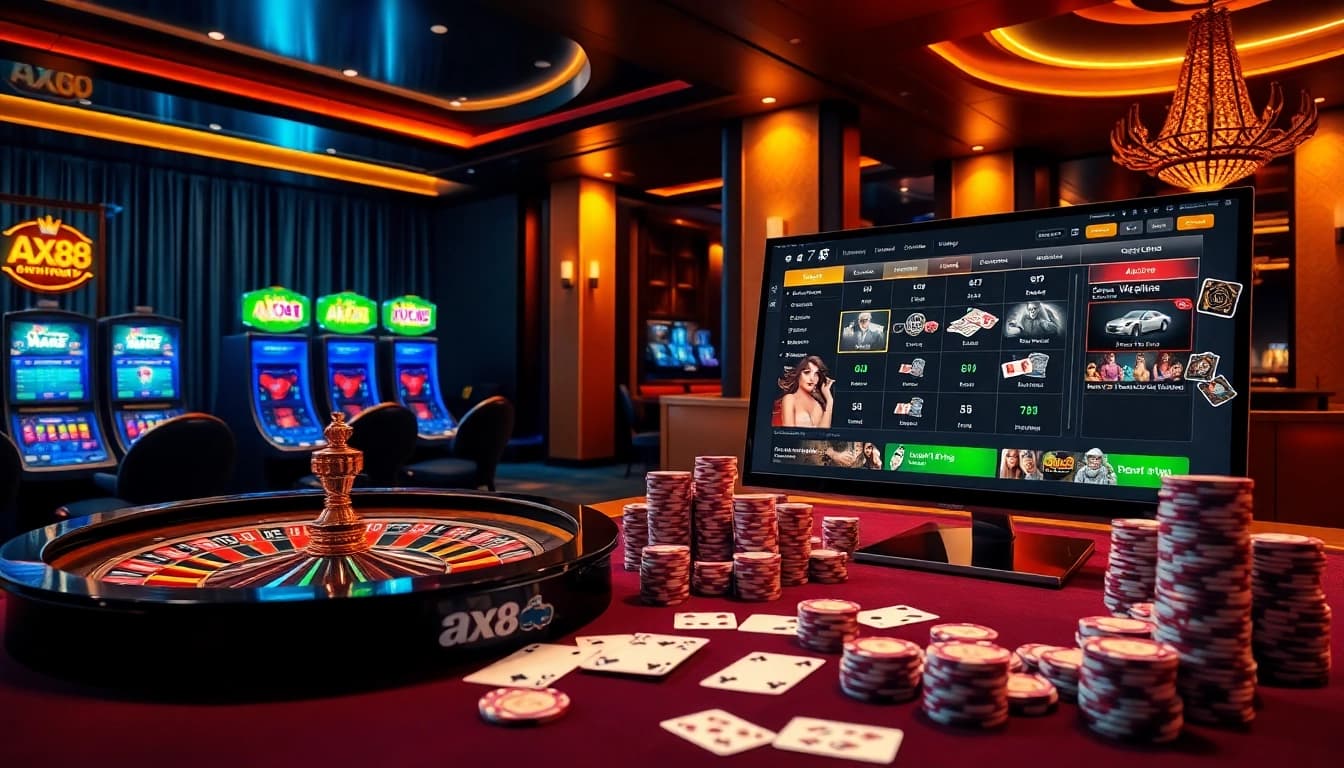 Experience the thrill of gaming at https://ax88.bid/ with vibrant casino tables, cards, and slot machines.