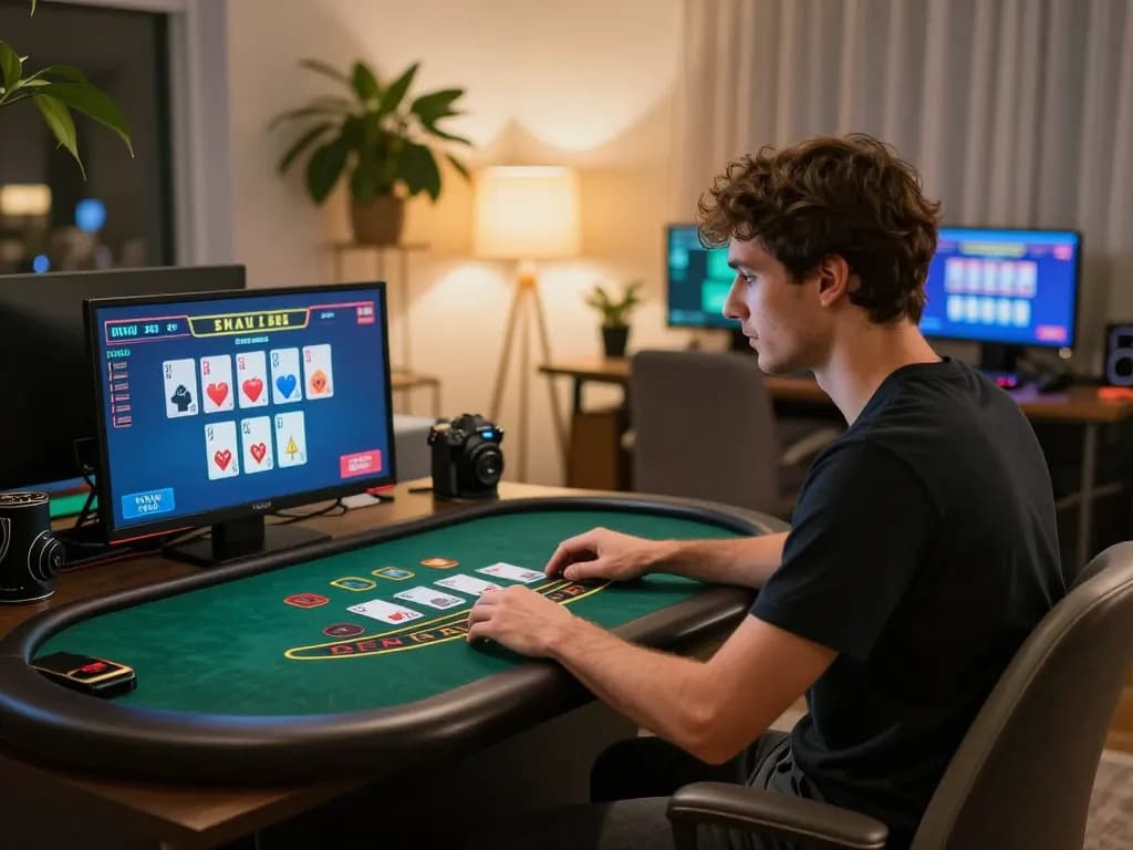 open88 player enjoying strategic live dealer game at home using laptop in cozy setting