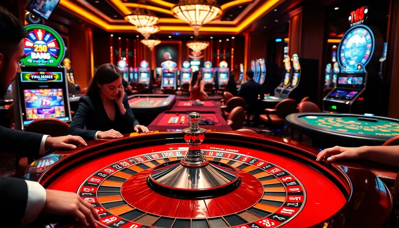 A thrilling scene at TK88 casino showcasing a lively roulette table with engaged players in an upscale environment.